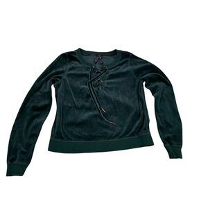 Betsey Johnson Performance Womens Emerald Green Velour Lace Up Sweater S